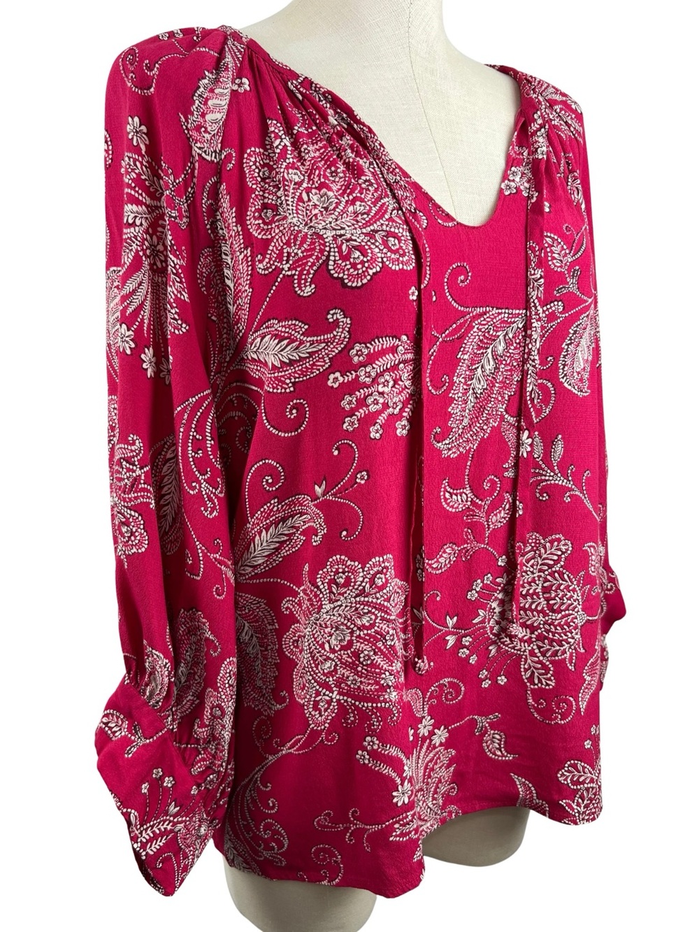 Karen Kane Paisley Peasant Blouse Women Large Pink Balloon Sleeve Boho - Picture 3 of 13